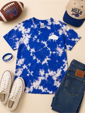 Youth M Buffalo Bills Tie Dye T-Shirt Blue White Bison Graphic Gildan Softstyle